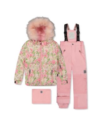 Deux Par Deux Girls' Play Mini Flower Jacket & Reinforced Pants Two Piece Snowsuit - Little Kid, Big In Pink
