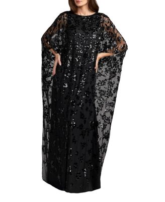  Sequin Floral Cape Sleeve Caftan Gown