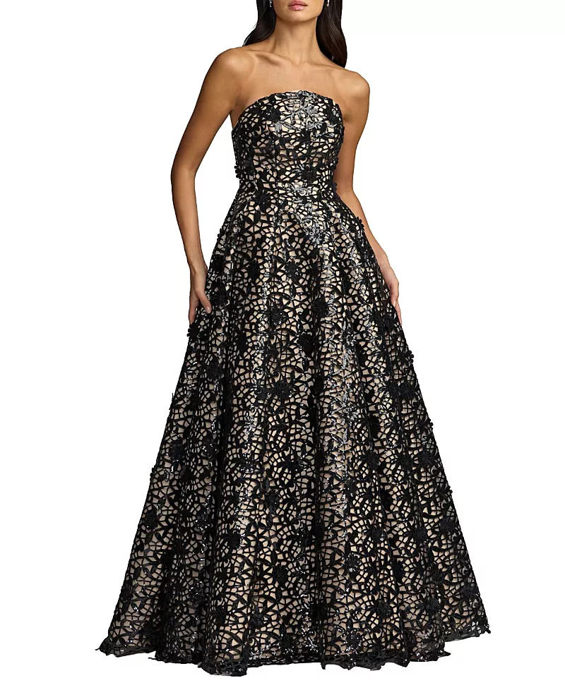 Mac Duggal Sequin Floral Lace Strapless Ball Gown