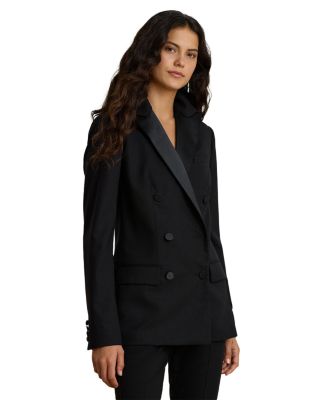 Satin Trim Double Breasted Wool Blazer