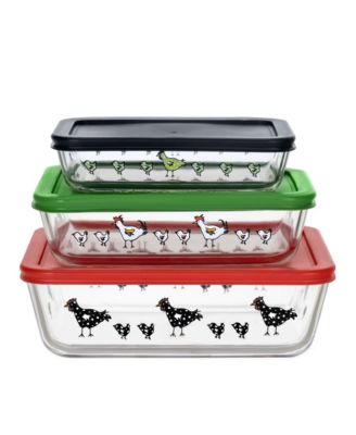  Rooster Design Glass Bake Dish Set with PP Lids, 6-Piece Set