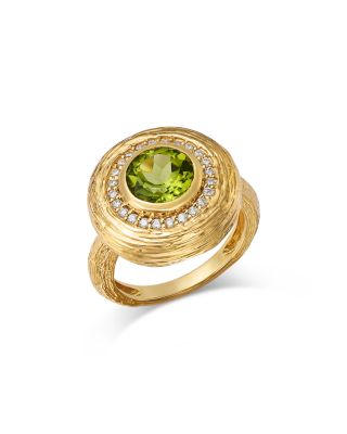 Diamond & Peridot Textured Bezel Ring in 14K Yellow Gold, 0.24 tcw