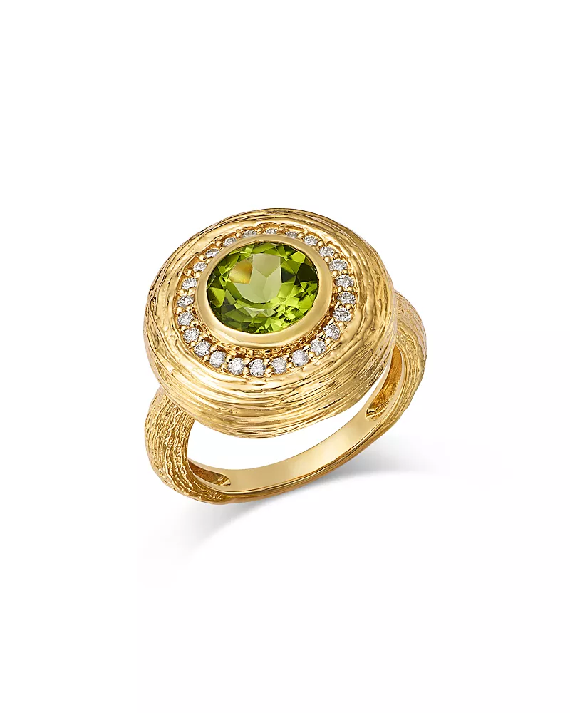 Bloomingdale's Fine Collection Diamond & Peridot Textured Bezel Ring in 14K Yellow Gold, 0.24 tcw