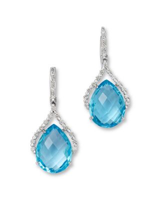 Diamond & Blue Topaz Pear Shaped Earrings in 14K White Gold, 0.6 tcw