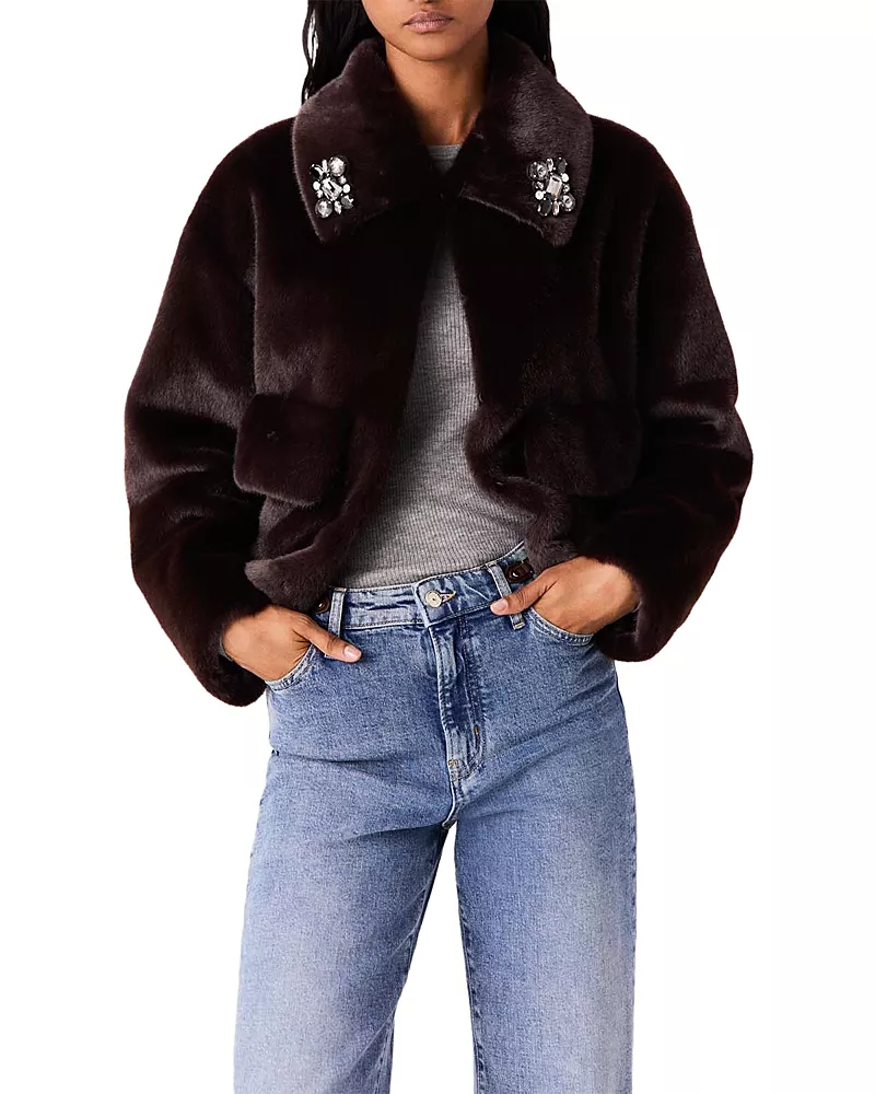 Maje Goucette Cropped Faux Fur Jacket
