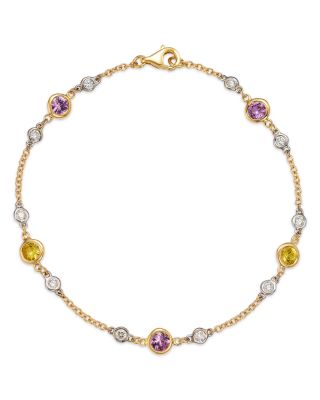 Diamond & Pink & Yellow Sapphire Bezel Station Bracelet in 14K Yellow Gold