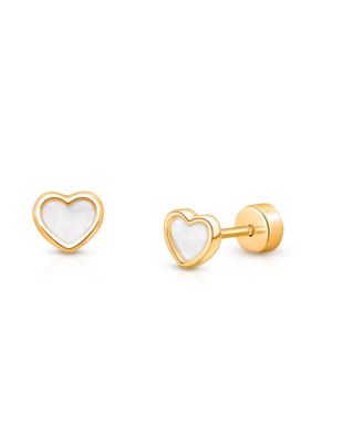  Girls' 14K Gold on Titanium Enchanted Heart Mother of Pearl Stud Earrings