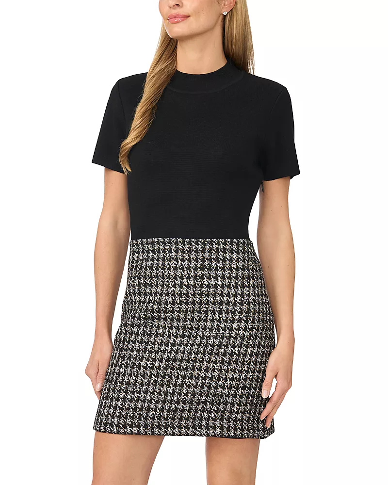 CeCe Mixed Media Gold Fleck Tweed Mini Dress
