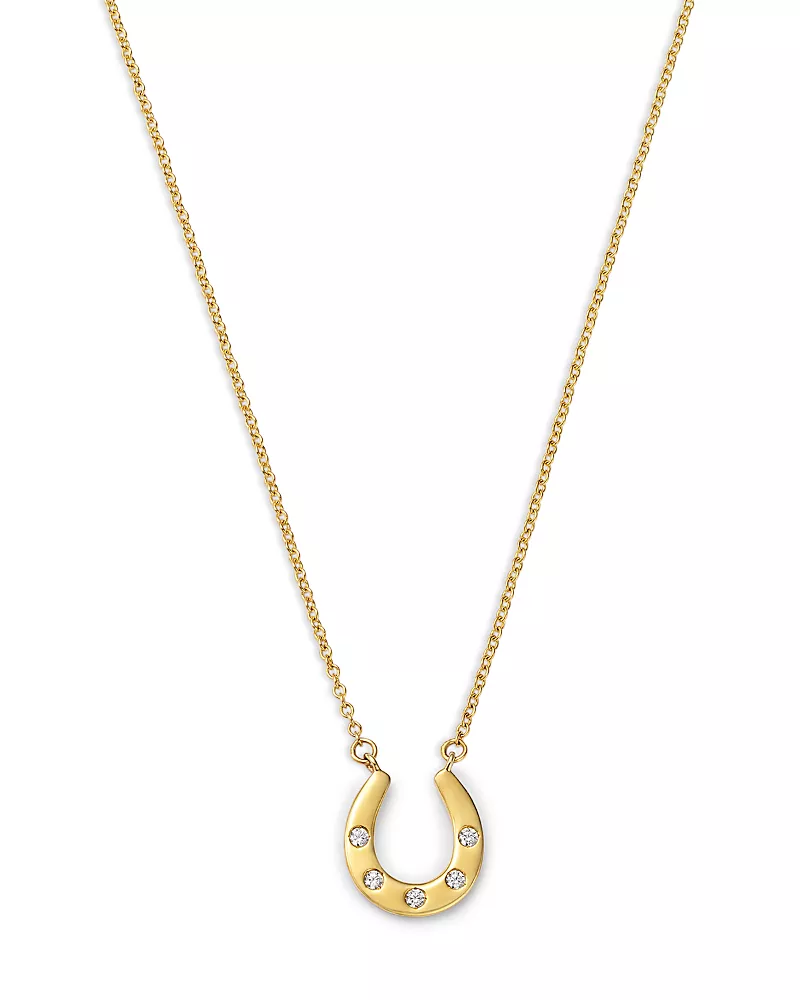 Bloomingdale's Fine Collection Diamond Studded Horseshoe Pendant Necklace in 14K Yellow Gold, 0.05 tcw