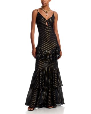 Silk Blend Metallic Striped Ruffled Maxi Dress