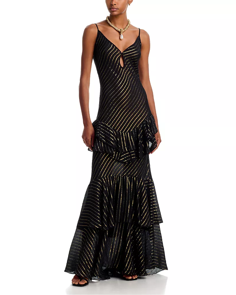 Johanna Ortiz Silk Blend Metallic Striped Ruffled Maxi Dress