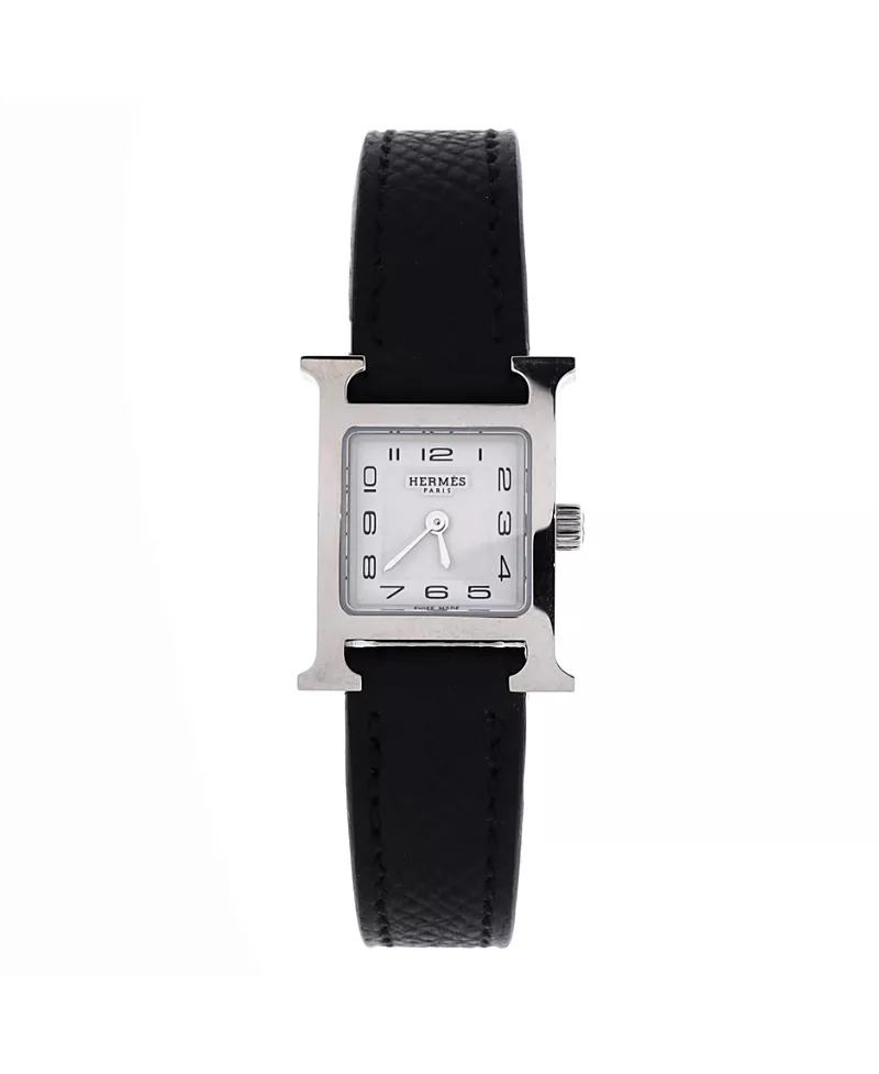 Pre-Owned HERMES Heure H Quartz Watch in Stainless Steel and Leather 17mm