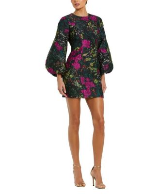  Floral Brocade Puff Sleeve Fitted Mini Dress