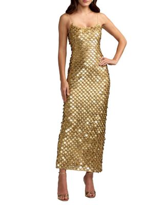  Paillette Mesh Spaghetti Strap Column Ankle Dress