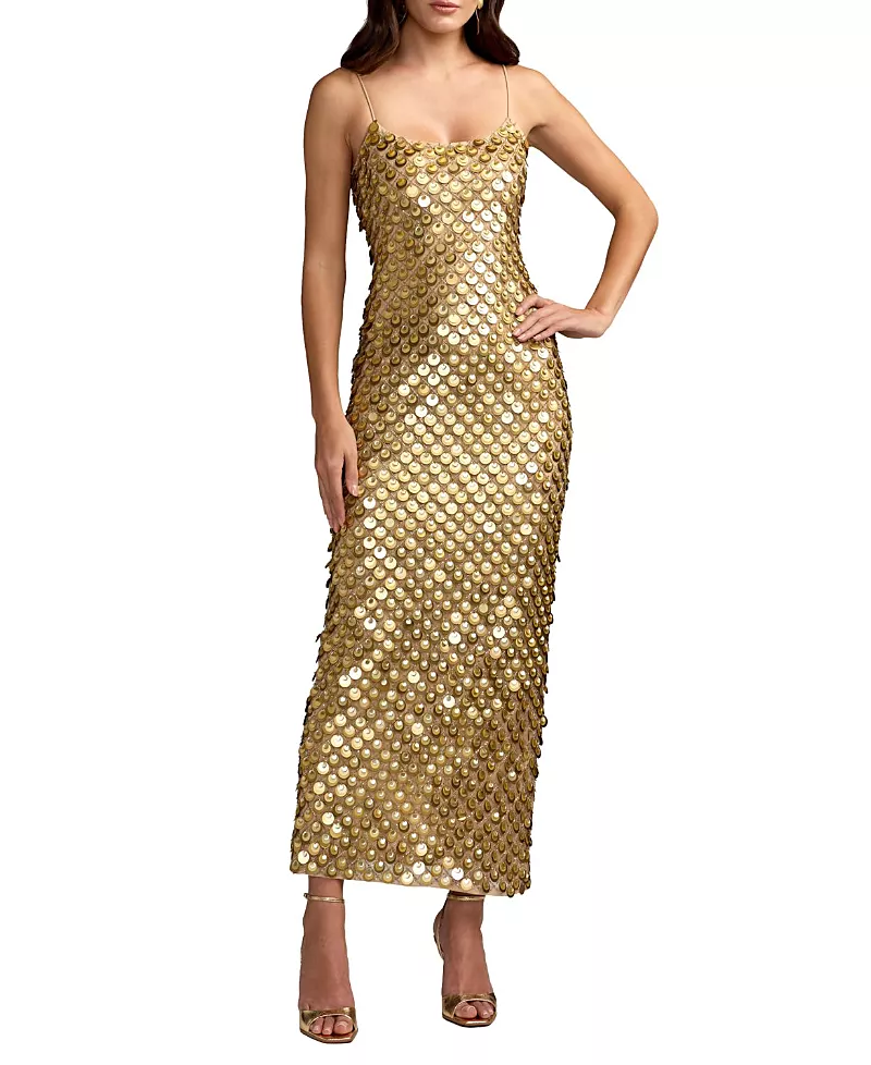 Mac Duggal Paillette Mesh Spaghetti Strap Column Ankle Dress