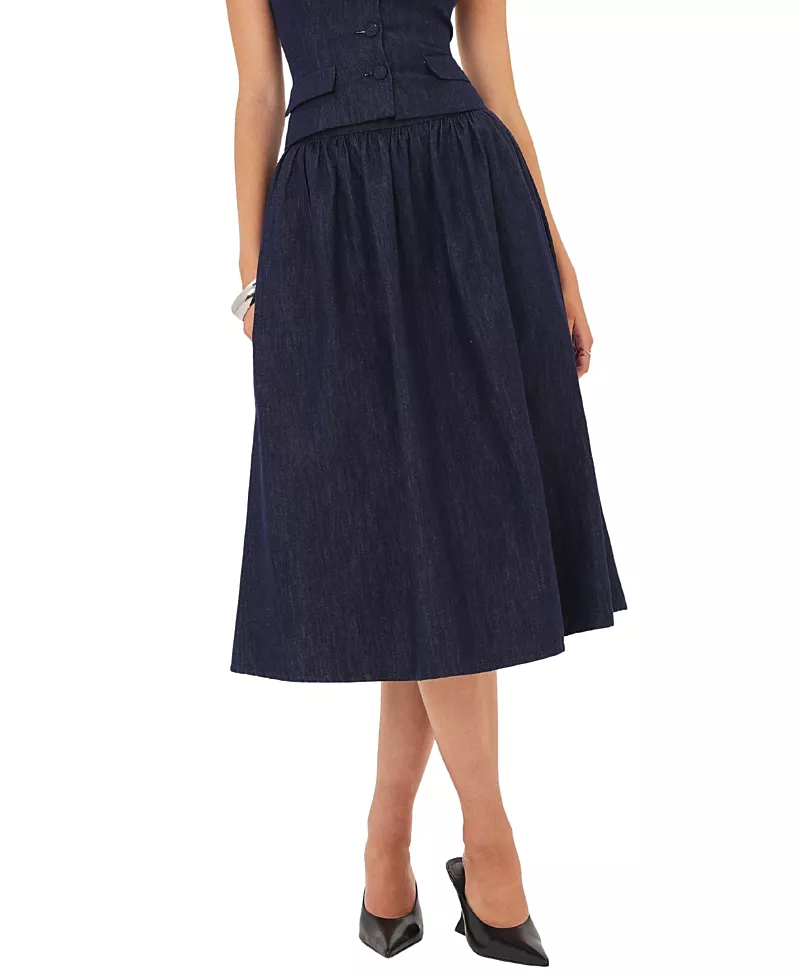 Miss Circle Maevie Denim Gathered A-Line Midi Skirt
