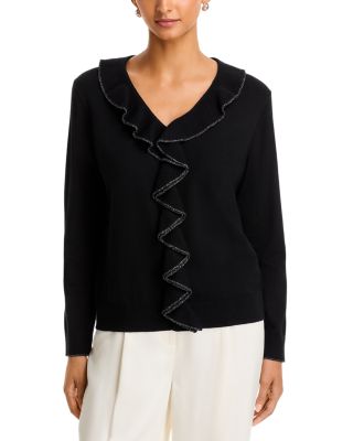 Ruffled Metallic Trim V Neck Sweater
