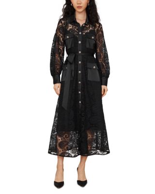 Delicate Lace Collared Long Sleeve Midi Dress