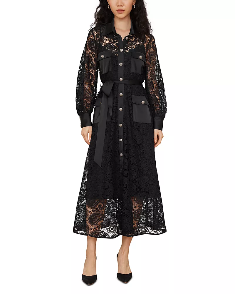 Jovonna London Delicate Lace Collared Long Sleeve Midi Dress