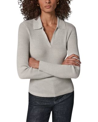 Metallic Cotton Blend Ribbed Polo Sweater