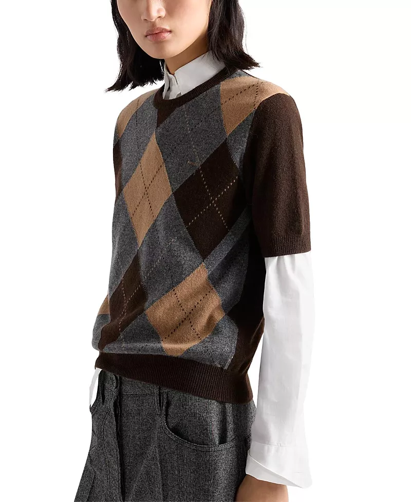 Prada Short Sleeved Argyle Cashmere Sweater