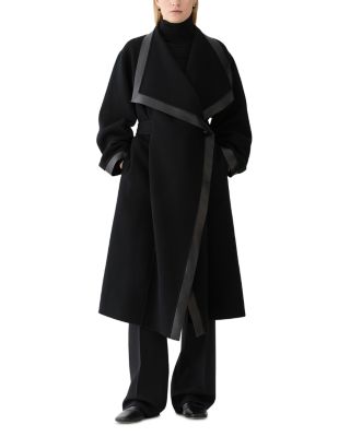 Leather Trim Cashmere Cascade Collar Coat