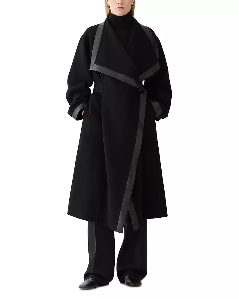 Lafayette 148 New York Leather Trim Cashmere Cascade Collar Coat