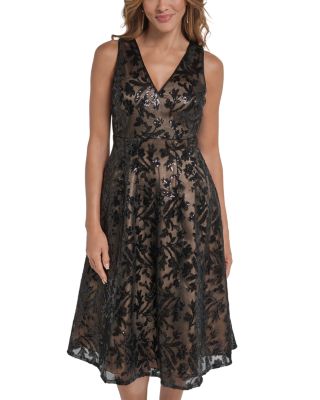 Floral Sequin V Neck A Line Dress