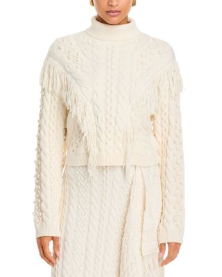 Callista Cotton Blend Fringed Cable Knit Sweater