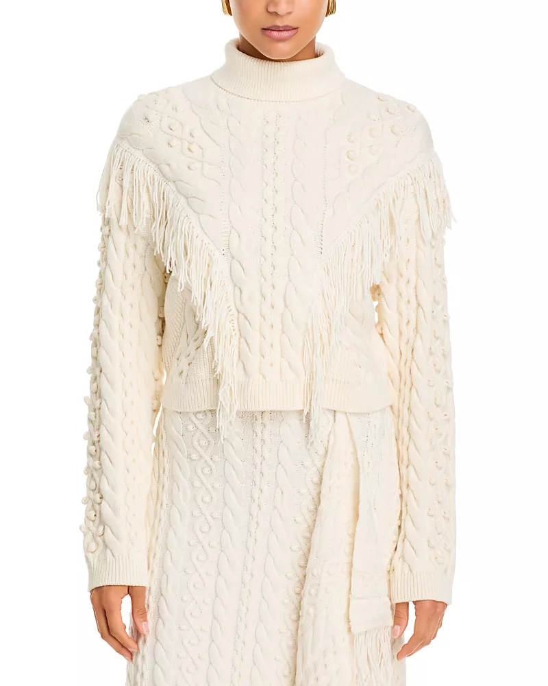 Simkhai Callista Cotton Blend Fringed Cable Knit Sweater