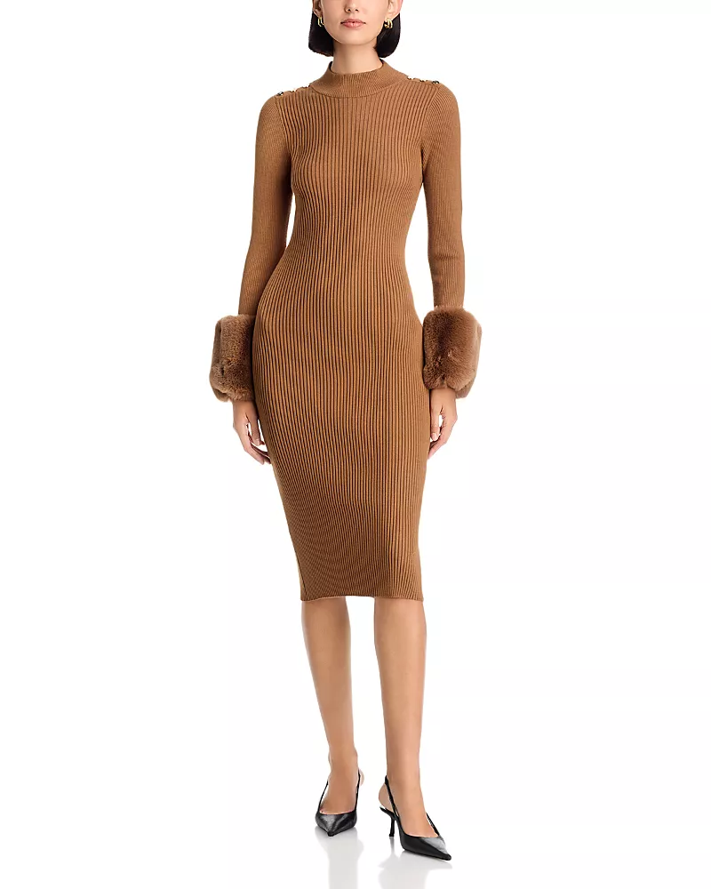 Elie Tahari Savannah Faux Fur Cuff Midi Sweater Dress