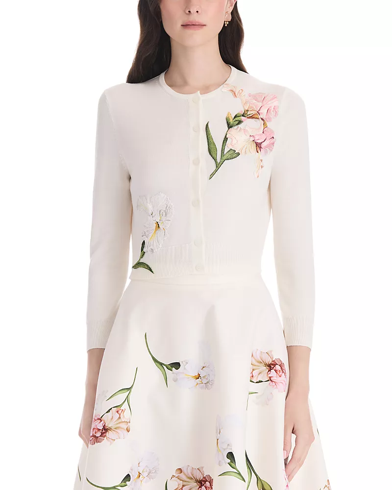 Oscar de la Renta Embroidered Wool Crewneck Cardigan