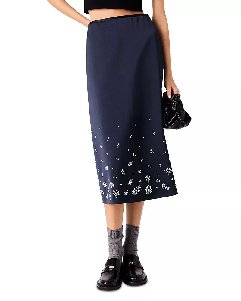 Maje Rhinestone Embroidered Satin Midi Skirt
