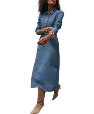  Women's Denim Midi Classic Collar Shirt Dress