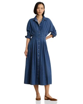 Pleated Denim Fit-and-Flare Shirt Dress