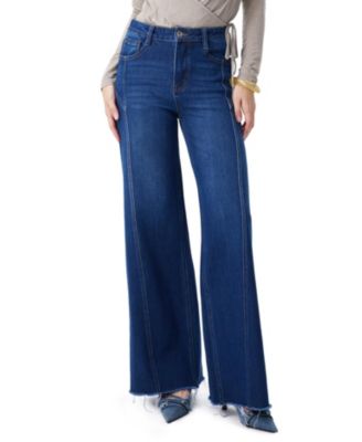  High Rise Wide Leg Frayed Hem Denim Jeans with Multiple Panel Seams in Tiga Wash