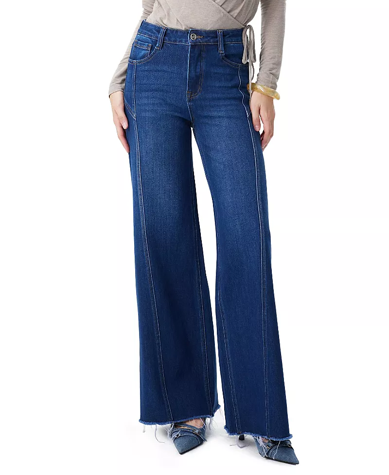 Bayeas High Rise Wide Leg Frayed Hem Denim Jeans with Multiple Panel Seams in Tiga Wash