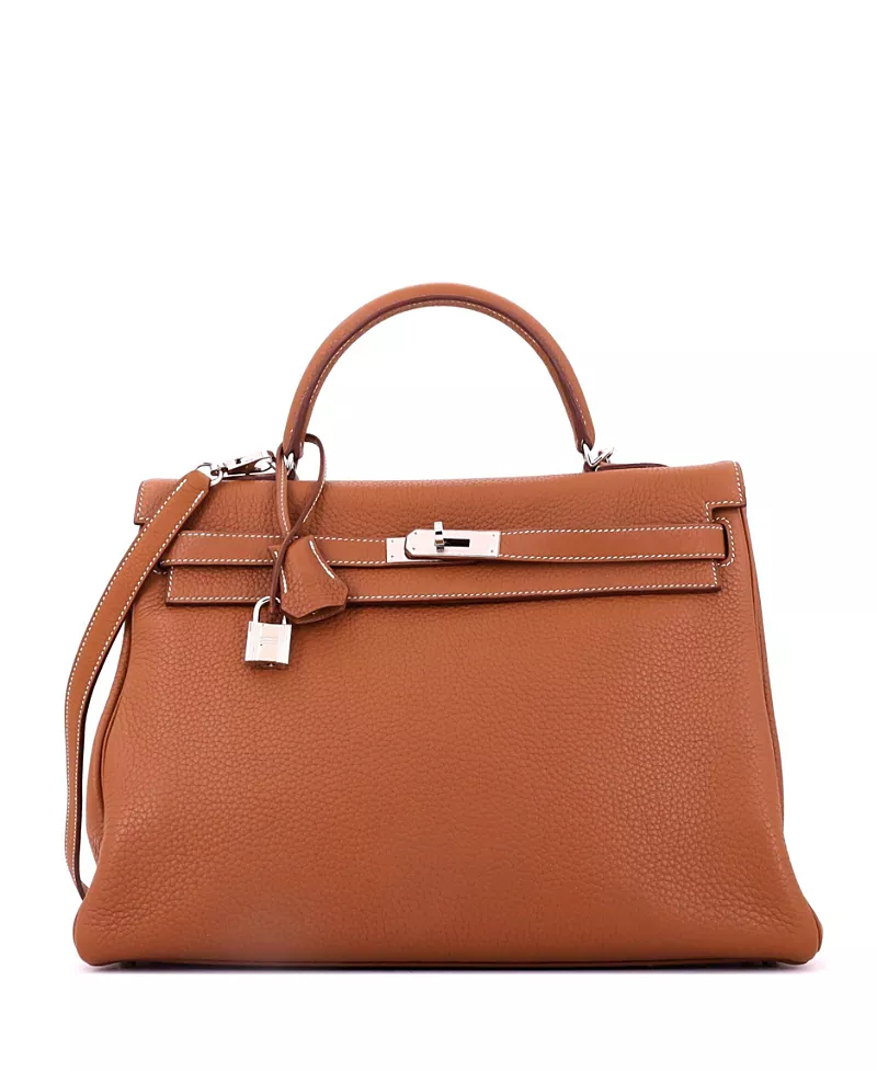 Pre-Owned HERMES Kelly 35 Handbag Brown Clemence with Palladium Hardware
