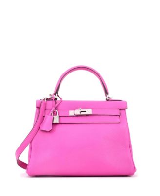 Pre-Owned HERMES Kelly 28 Handbag Pink Clemence with Palladium Hardware