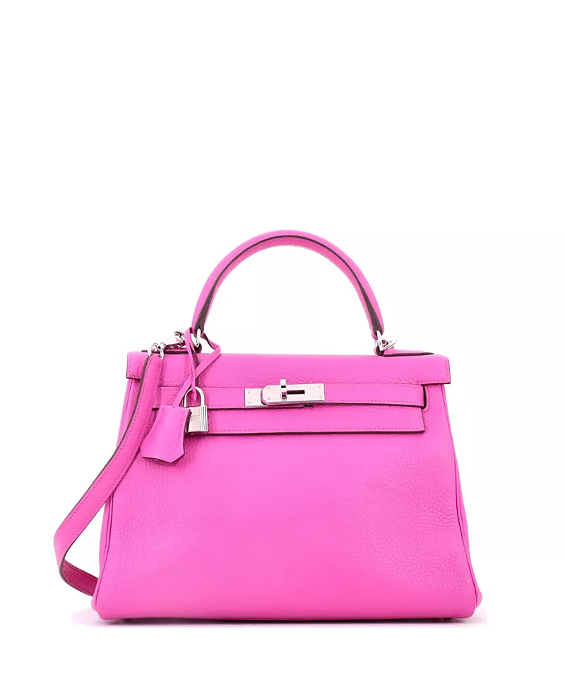 Pre-Owned HERMES Kelly 28 Handbag Pink Clemence with Palladium Hardware