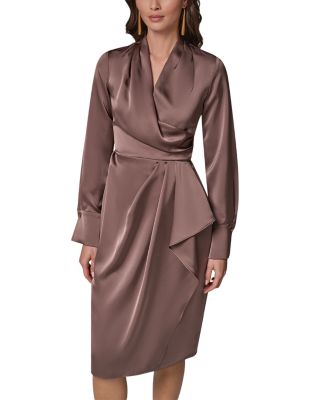 Satin Draped Wrap Effect Knee Length Dress