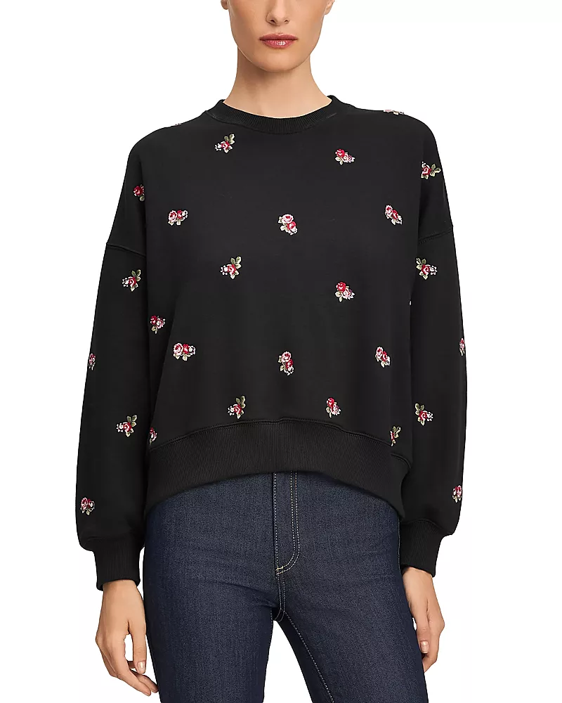 Cinq a Sept Tossed Roses Cotton Blend Embroidered Sweater
