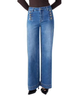 High Rise Wide Leg Denim Jeans with Gold Dome Buttons in Ultraman Wash