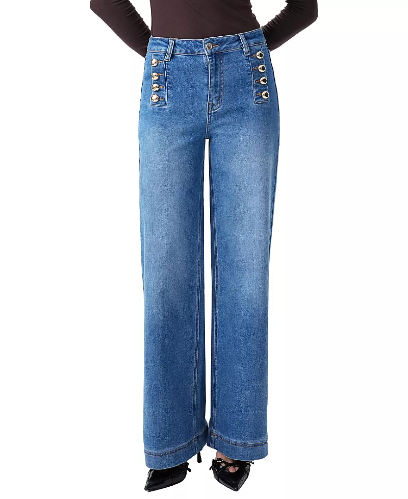 Bayeas High Rise Wide Leg Denim Jeans with Gold Dome Buttons in Ultraman Wash