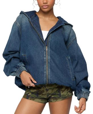  Hooded Vintage Washed Denim Bomber Jacket