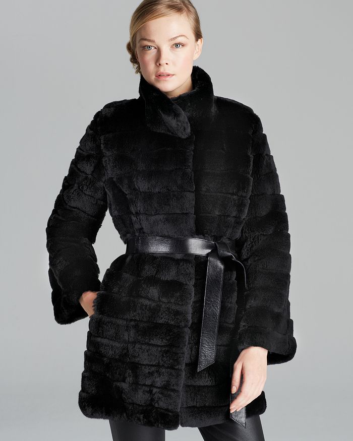 Maximilian Furs Maximilian Rex Rabbit Fur Coat with Leather Belt