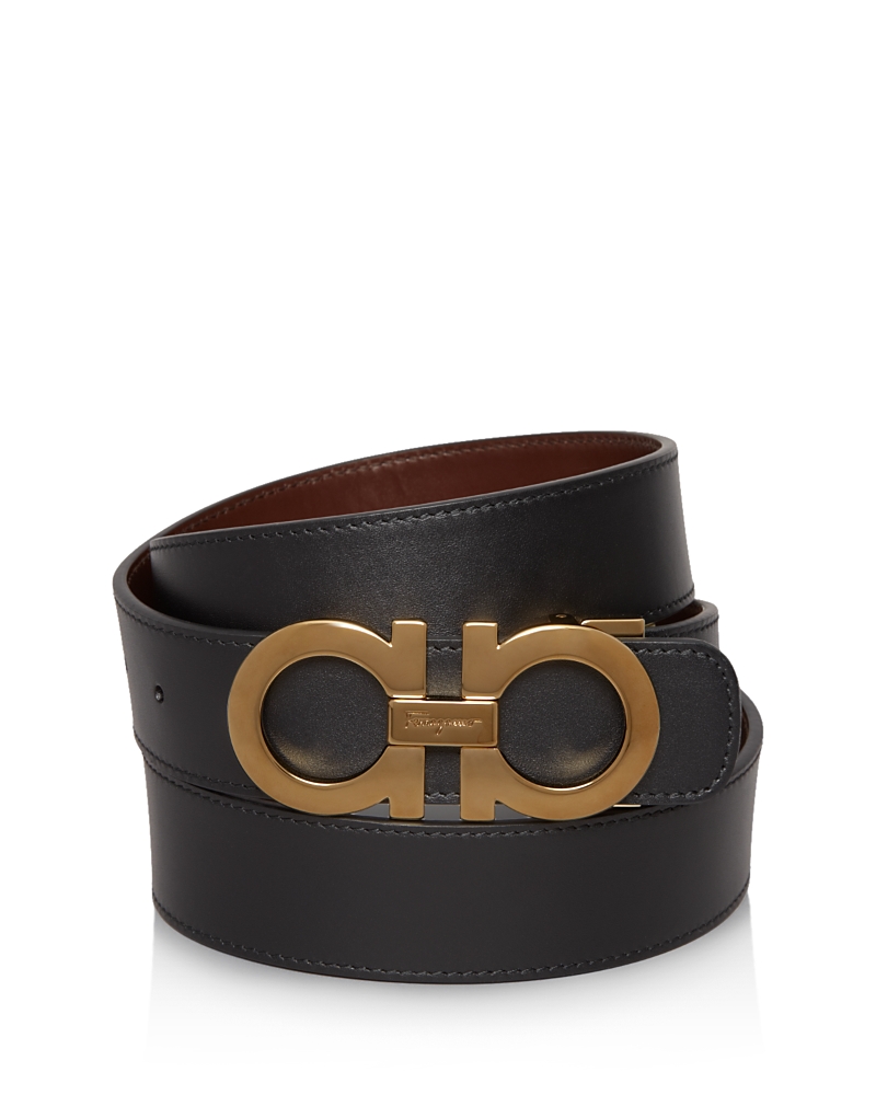 Ferragamo Salvatore Men's Double Gancini Reversible Smooth Leather Belt In Black