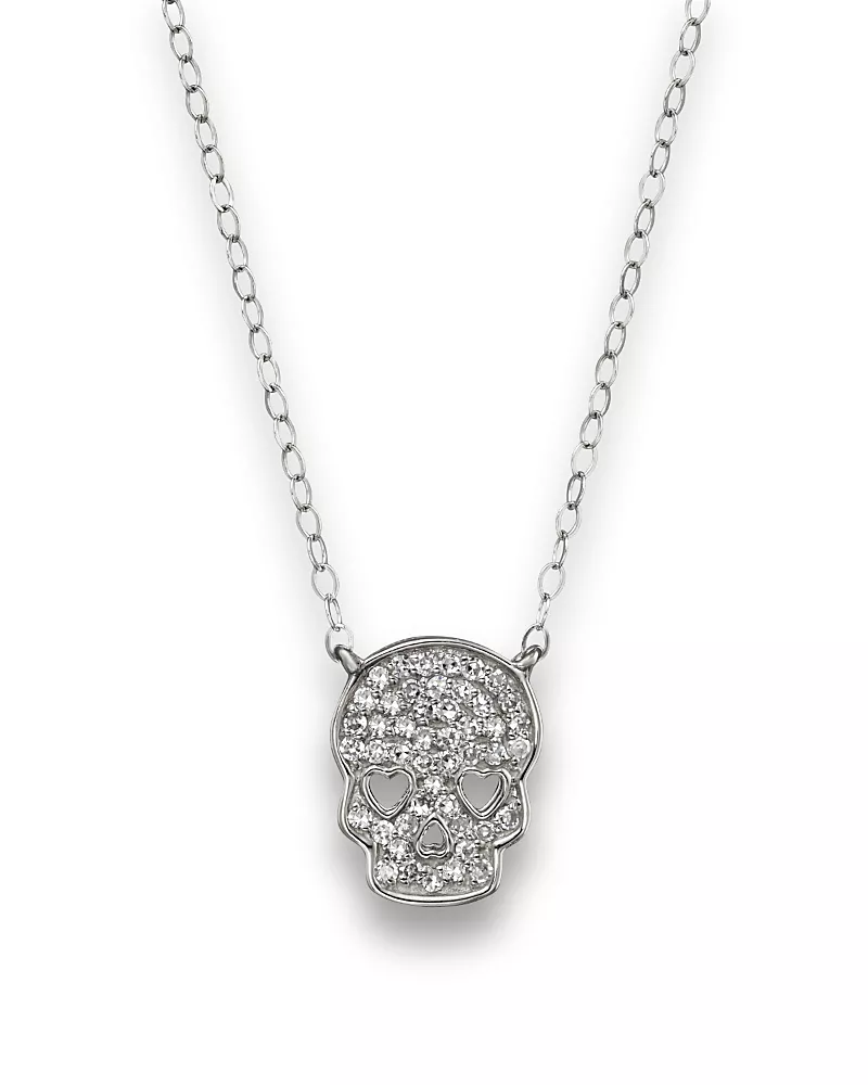 Micro Pave Diamond Skull Pendant Necklace in 14K White Gold, 0.14 tcw