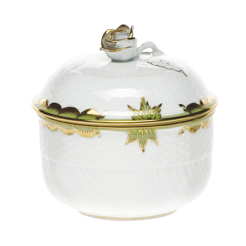 Herend Princess Victoria Green Covered Sugar Dish With Rose In Green