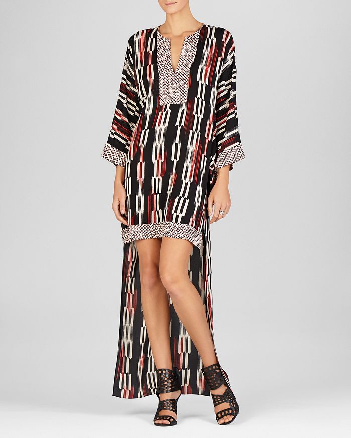 BCBGMAXAZRIA Dress Norina Print Blocked High Low Kimono Sleeve
